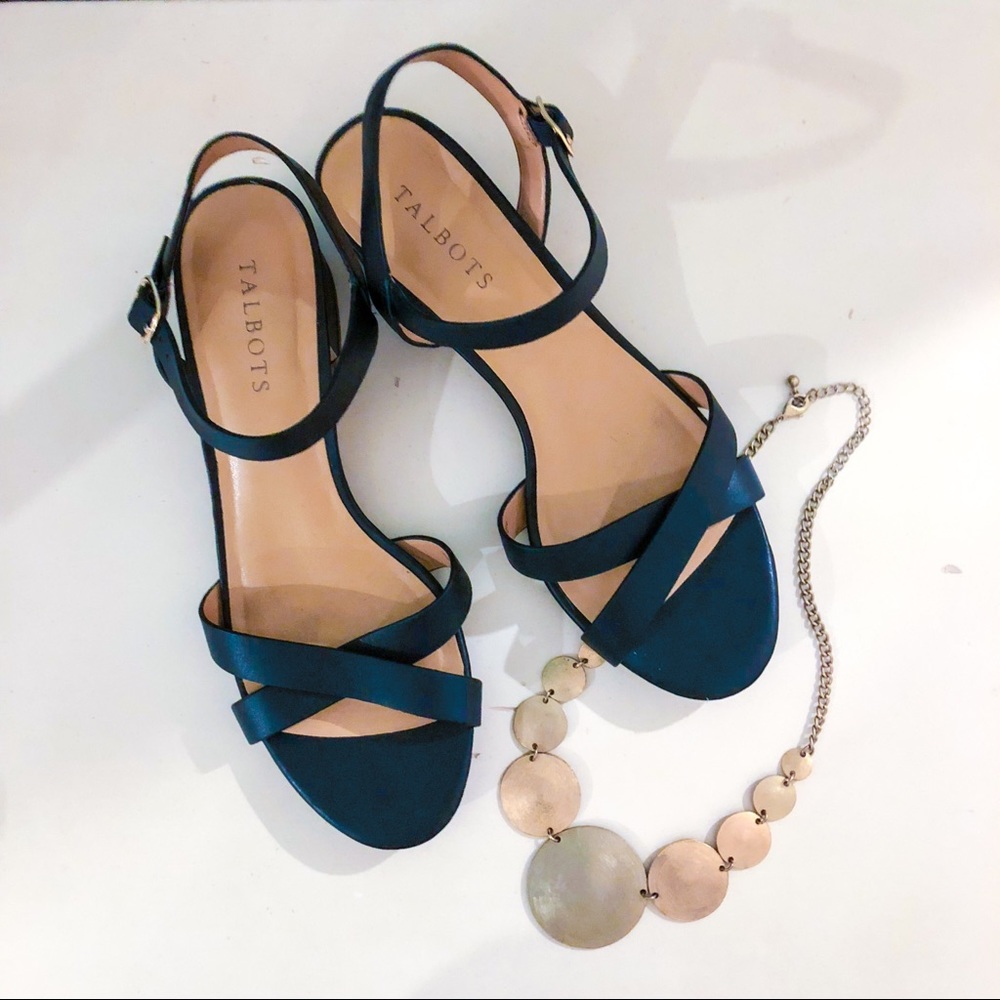 Talbots Peggy Gold Block Heel Sandal | Navy | 8.5